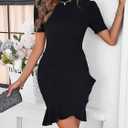 Women's Summer Short Sleeve Bodycon Mini Dress Ruched Ruffle Hem Cocktail Wedding Guest Dress (Black, S)
