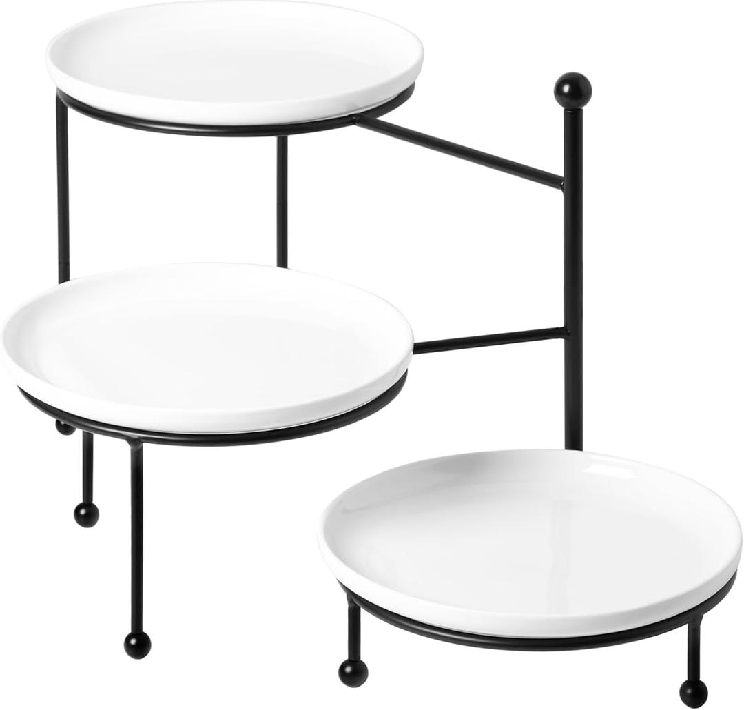 Kanwone 3 Tiered Serving Stand with White Porcelain Plates, Tiered Tray Stand, Dessert Table Display Set, 8" x 8" Tier Serving Trays with Black Metal Stand for Entertaining, 3 Tier Dessert Stand