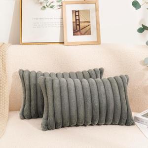 Uhomy 2 Pack Faux Fur Plush Decorative Throw Pillow Covers Fuzzy Striped Soft Pillowcase Cushion Covers for Living Room Sofa Couch Bedroom, 12x20 inch 30x50 Cm, Grey