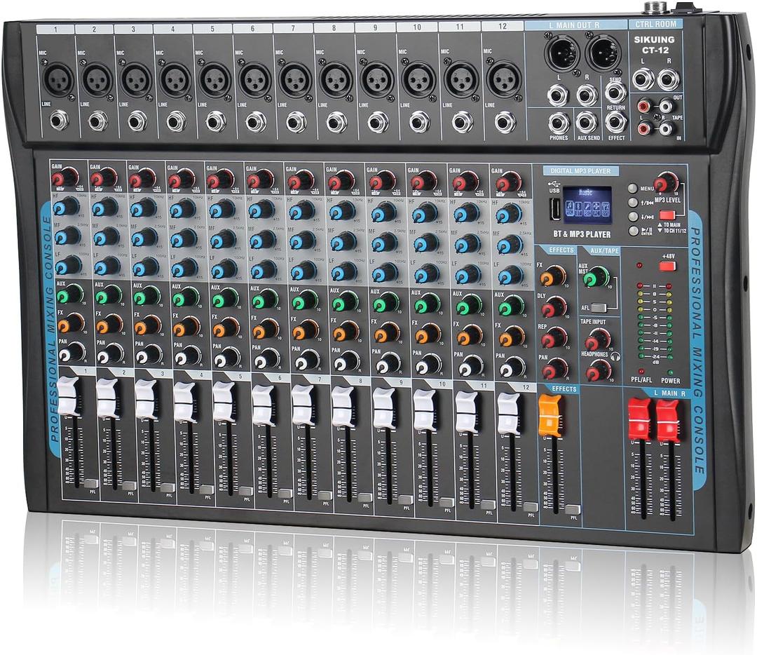 12 Channel Audio Interfacer Sound Board Mixer DJ Mixer 16-Bit DSP Effect USB Audio Mixer +48V Phantom Power Bluetooth Mixer for Karaoke Studio Streaming Recording,Live Streaming