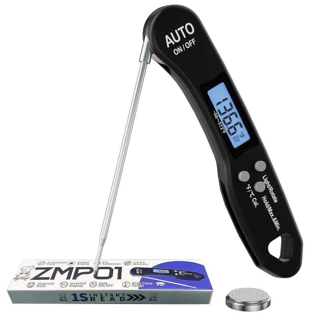 Instant Read Meat Thermometer, 1.2s Fast Read, 1F Accuracy, -58F to 572F, 4.4" Foldable Probe, 0 C Calibration, Min/Max (Session), Auto-Rotating Backlit Display, F/C, Magnetic Back, Auto-Off