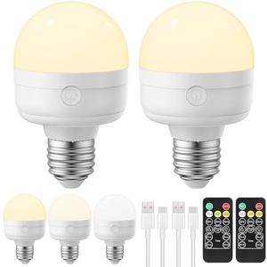 Rechargeable Light Bulb with Remote - E26 2Pack 5W 350LM Dimmable Detachable LED Bulb 3 Color Temperature Options & 3 Timer, 2000mAh Battery Operated Magnetic Bulbs, Bulbs for Non-Hardwired Fixture