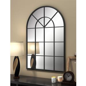 LYYYXGYP Arched Window Mirror 32x45 Tempered Glass Black Metal Frame Wall Mounted Decorative Mirror Windowpane Decoration for Living Room