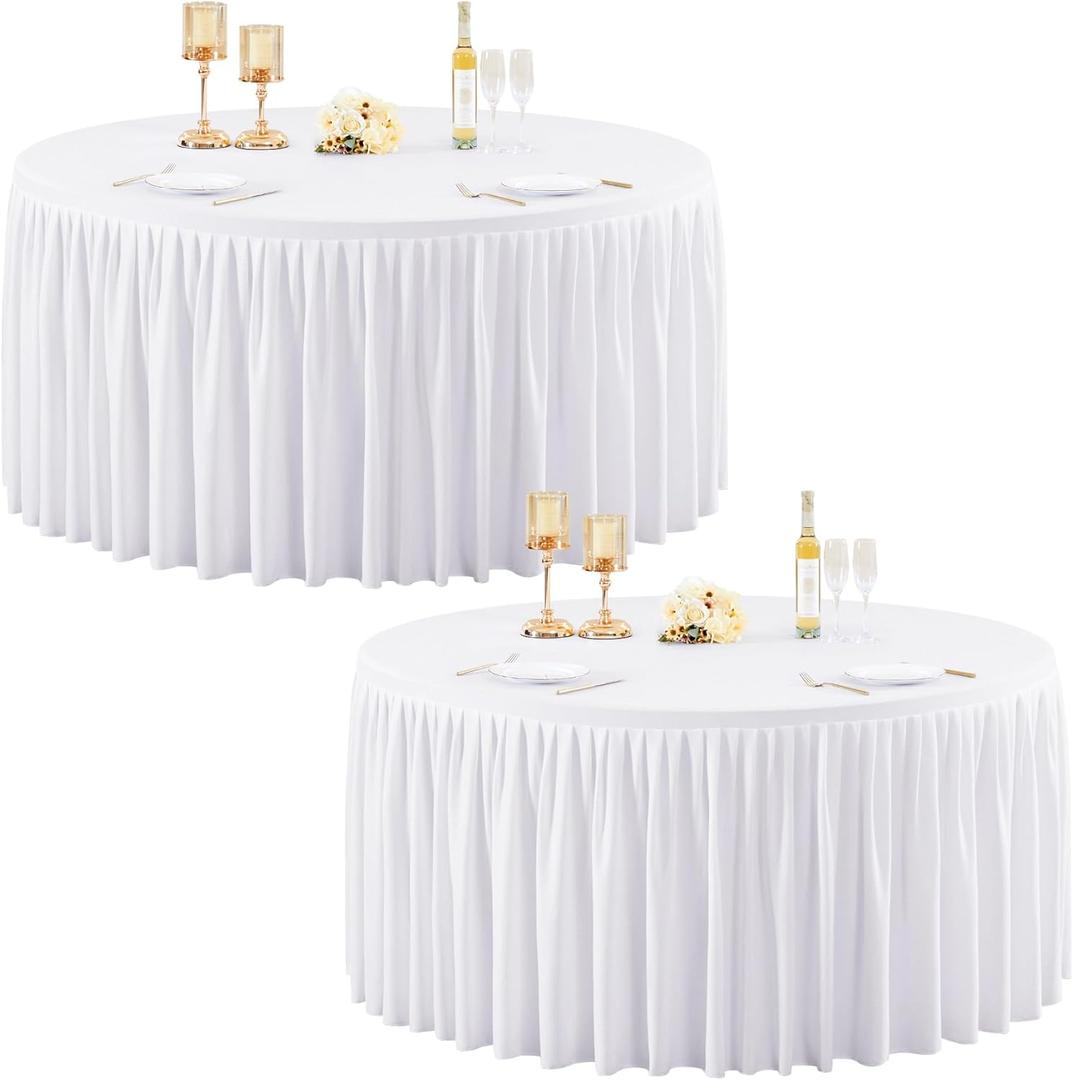 2 Pack White Spandex Round Tablecloths for 60 inch Tables, Stretchy Fitted 5FT Round Table Clothes,Wrinkle Free Table Cover with Skirt for Wedding Party Dining Banquet Graduation Decorations,White, 60inch(2packs)