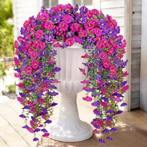 Artificial Hanging Flowers for Outdoors, 2 PCS 300 Blooms UV Resistant Morning Glory Faux Silk Vines, NoOdor Realistic Fake Plants for Garden Planter Porch Patio Decoration, Fuchsia & LightPurple
