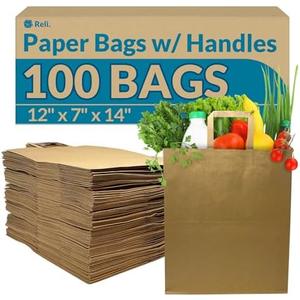 Reli. Paper Grocery Bags w/Handles (100 Pcs, Bulk)(12"x7"x14") Large Paper Grocery Bags with Handles - Heavy Duty 57 Lbs Basis - Shopping, Takeout/To Go, Retail (Brown/Kraft)