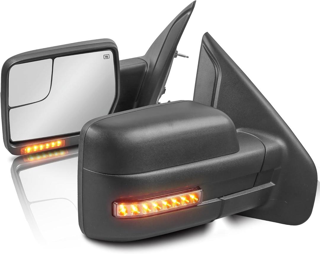 Power Heated Towing Mirror Compatible for 2004-2014 Ford F150 w/Sequential Turn Light Puddle Light Dynamic Streamer Signal Dural Beam (Pair Black)
