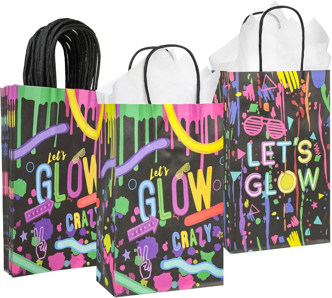 DjinnGlory 36 Pack Small-Size Black Paper Gift Bags with Handles (Let's Glow Party) and 36 White Tissue Paper for Themed Birthday Parties, 9x5.5x3.15 Inch