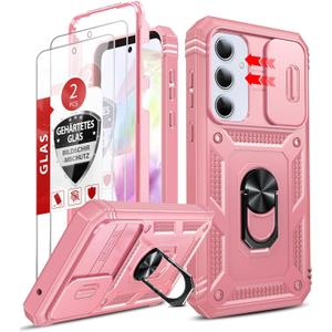 LeYi Compatible for Samsung A35-5G Case: Samsung Galaxy A35 5G Case with Screen Protector X2, Duel Layer Heavy Duty Protection, Camera Cover & Magnetic Kickstand for Galaxy A35 5G Phone Case, Pink
