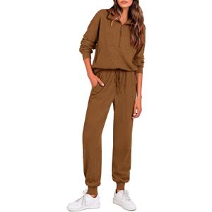 PRETTYGARDEN Women's Fall 2 Piece Lounge Sets Zip Up Sweatshirt Jogger Pants Sweat Track Suits Travel Outfit Winter Clothing (Medium, Brown)