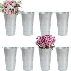 Notakia 8 Pcs 12 Inch Large Galvanized Metal Vases Farmhouse French Flower Bucket Vases for Cut Flowers for Home Decor and Wedding Table Centerpiece Decorations (Large Silver)