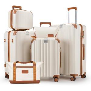 Luggage Set 6 Piece Luggage with PC+ABS Hardshell TSA Lock Spinner Wheels Carry on Lightweight Suitcase Cup Holder，YKK Zippers and Hoot(Beige, 6 piece sets（14/20/24/28/DB/TB）)