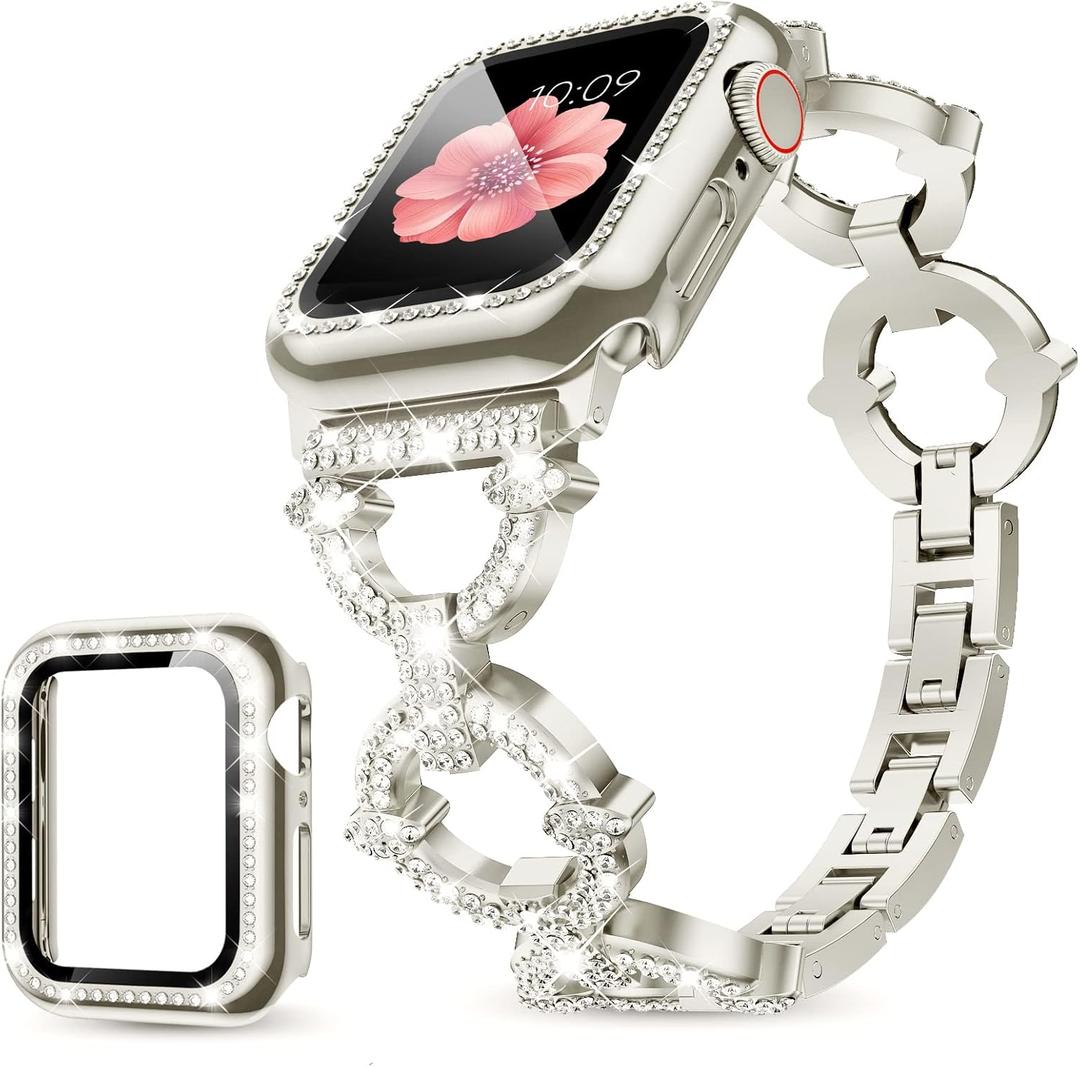 Mesime Compatible with Apple Watch Band 38mm 40mm 41mm 42mm 44mm 45mm 46mm, Women Bling Jewelry Bands with Tempered Glass Screen Protector Case, Shiny Strap for iWatch Series 10/9/8/7/6/5/4/3/2/1/SE (Starlight)