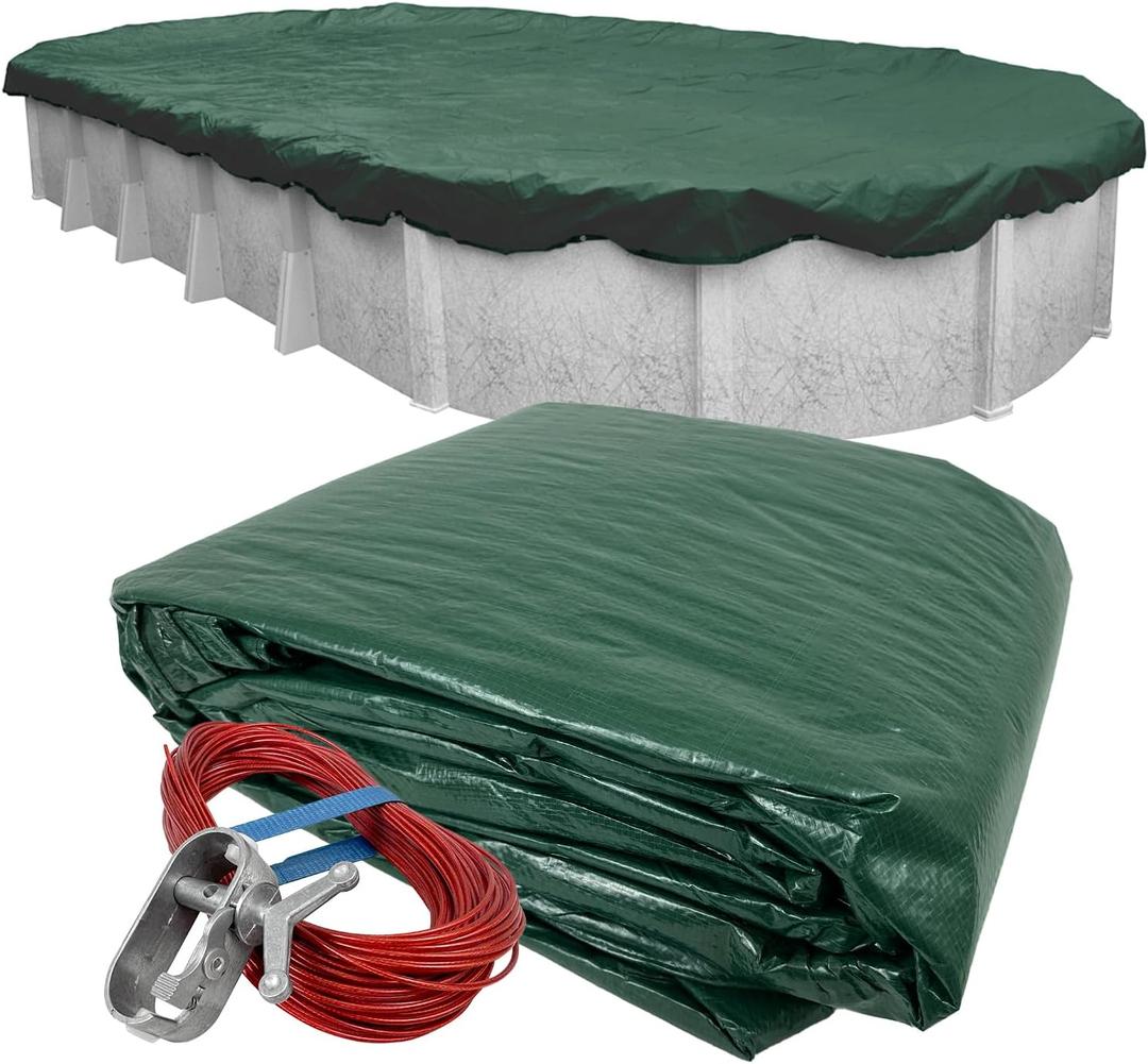 Robelle 12 x 21 ft Heavy Duty Dura-Guard Oval Cover for Above Ground Pools Green Pool Cover, 4 ft Overlap (16 x 25ft Cover Size), Solid 8 x 8 Scrim, 2.36 oz/yd2, Style: 321221-4A