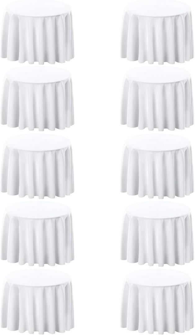 Surmente 10 Pack White Tablecloth for Round Tables, 132-inch Round Table Cloths for Weddings, Banquets, or Restaurants (132 Round, 10 Pack)
