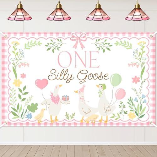 Avezano One Silly Goose Backdrop Banner for Kids Goose 1st Birthday Party Decoration Duck Farm Barnyard 1st First Birthday Party Supplies (Pink, 6x3.6ft)