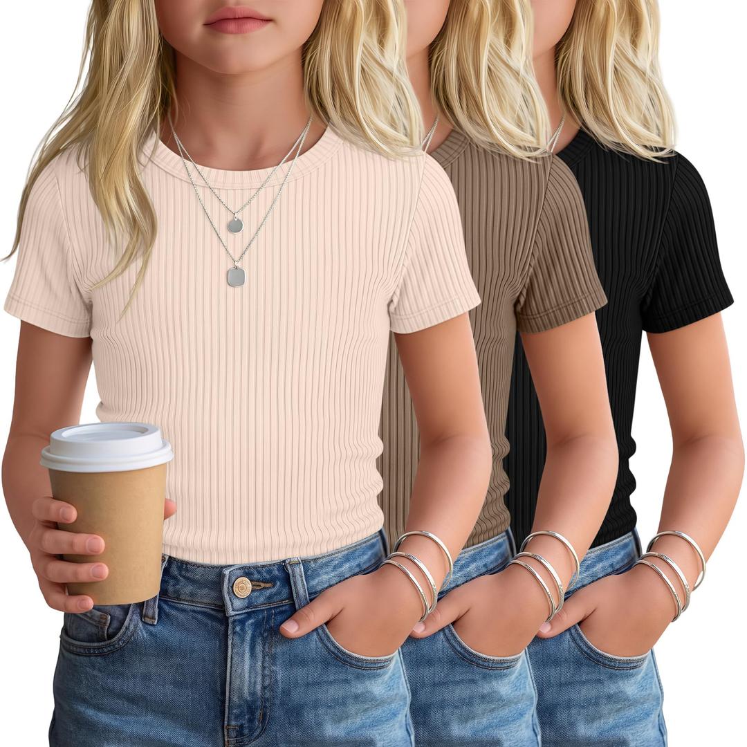 LessonZoo 3 Pack Girls Short Sleeve Slim Fit Tops, 3-Color Set, 13-14 Years