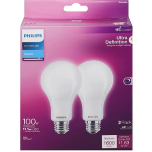 Philips LED 60W A19 8-Pack Ultra Definition Daylight (5000K) 800 Lumen (8W = 60W) Dimmable Frosted Flicker-Free Light Bulbs 1 pack
