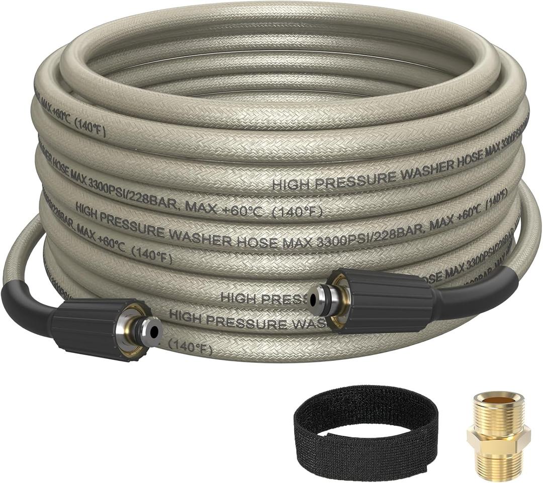 Pressure Washer Hose 50 FT, 1/4" PVC Gray Power Washer Hose, 3300 PSI Kink Resistant Pressure Water Hose, M22-14mm Extension Hose Replacement for Home Use