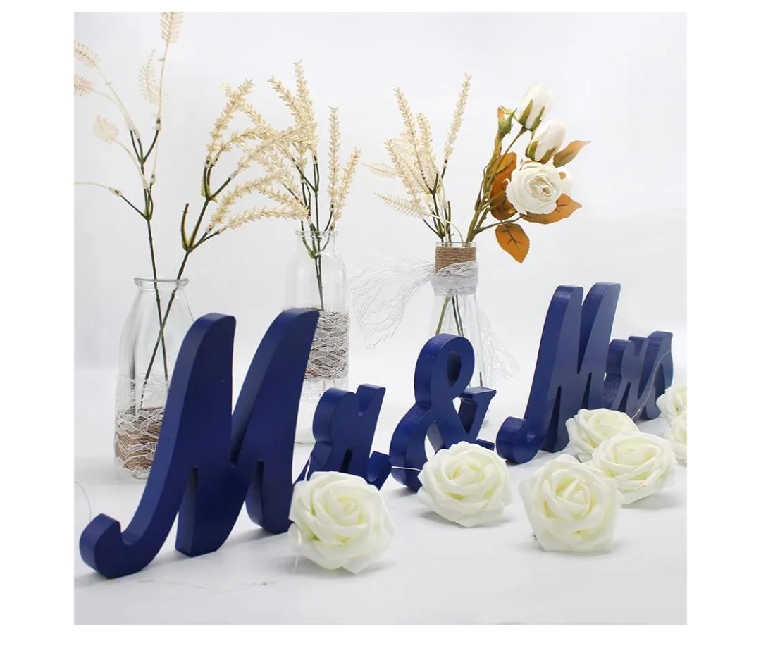 Wooden Mr & Mrs Sign, Rustic Mr. & Mrs. Letters Wedding Signs for Wedding Table, Miss Mr. Decoration for Photo Props/Party Table/Anniversary/Valentine's Day/Wedding & Engagement, Navy Blue