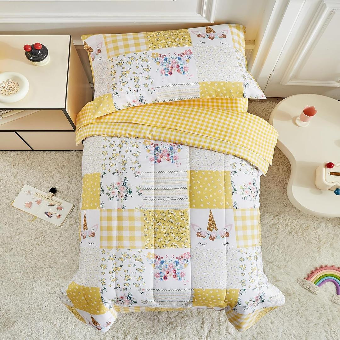 Toddler 4 Piece Toddler Bedding Set for Girls- Butterflies Flowers Yellow n White Patchwork Design, Microfiber Toddler Bedding Comforter Set for All Seasons (Blanket 54x40 In)