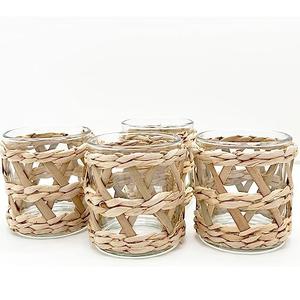 QIAOIDEA Pack 4 Woven Rattan Tealight Candle Holder Candle Lantern, Coastal Tropical Boho Glass Tea Light Holder Votive Candle Holders, Natural Seagrass Hand Woven Votive Candle Holder