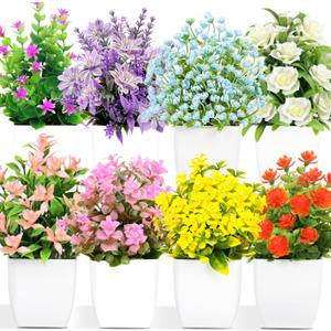LELEE Artificial Plants Mini Fake Potted Plants, 8 pcs Colorful Eucalyptus Potted Faux Decorative Grass Plant with Flower for Bathroom Home Kitchen Office Dining Centerpiece Table Decorations