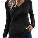 Tankaneo Womens Lace V Neck Tunic Tops Long Sleeve Ribbed Knit Shirts Fall Casual Basic Tees Black M