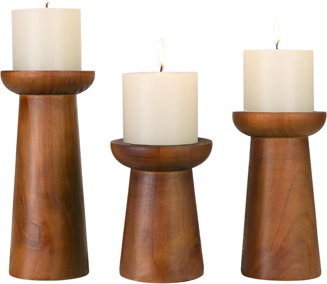 Pillar Candle Holders Set of 3 Wooden Candle Holders Decorative Wood Candlestick Holders for Living Room, Table Centerpiece for Wedding, Christmas, Party, Home - 6", 8", 10"