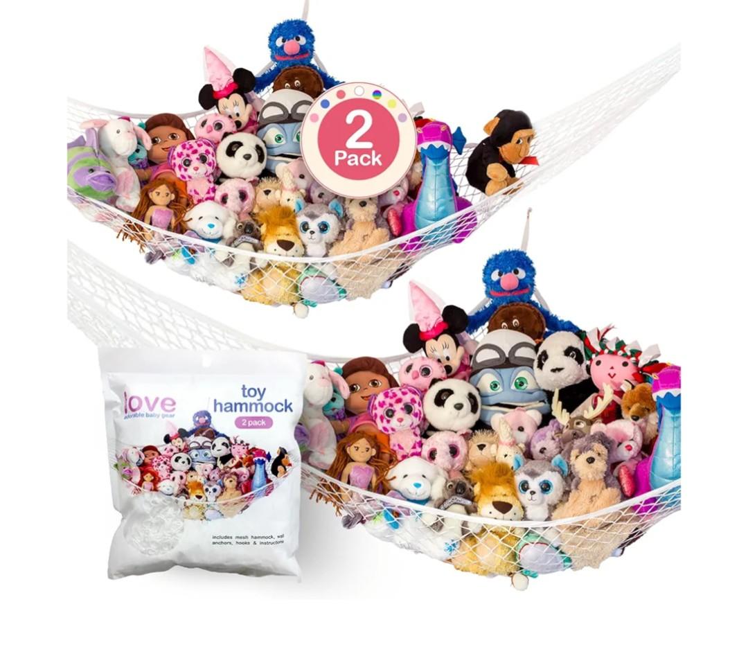 Lilly's Love Stuffed Animal Hammock | Corner Hanging Organizer, Toy Storage, Stuffed Animal Storage Net | Made from Quality Fishing Net, Holds 12lbs | 67"x47"x47" (White, 2 Pack)