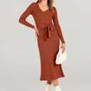 ANRABESS Womens Long Sleeve Fall Dress 2025 V Neck A-line Tie Waist Ribbed Knit Bodycon Midi Sweater Dresses Rust Small