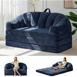 MAXYOYO Folding Sofa Bed, 2 in 1 Convertible Sofa to Lounger | Comfy Loveseat Bean Bag Chair for Adults, Floor Couch with Handle, Faux Fur Couch Bed for Living Room Bedroom, Navy
