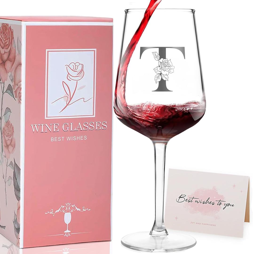 Mothers Day Gift for Mom, Grandma & Wife, Initial Letter T Wine Glass Gift for Women, Elegant Monogram Wine Glass with Gift Box, Unique Birthday Gift for Her, Sister, Best Friend, A-Z Letters