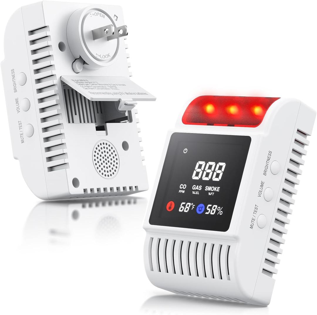 6-in-1 Smoke and Carbon Monoxide Detectors Plug in, Gas Leak Detector with Battery Backup Slot, Adjustable Brightness & Volume Levels, Smoke Alarm with Temp/Humidity for Home, RV, Travel(MR818,1-Pack)