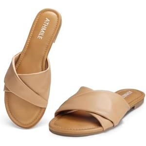 ATHMILE Sandals Women Dressy Summer Flat Comfortable Fashion Beach Cute Ladies Slides Leather Casual Dress Women's Sandals 2025, Size: 9