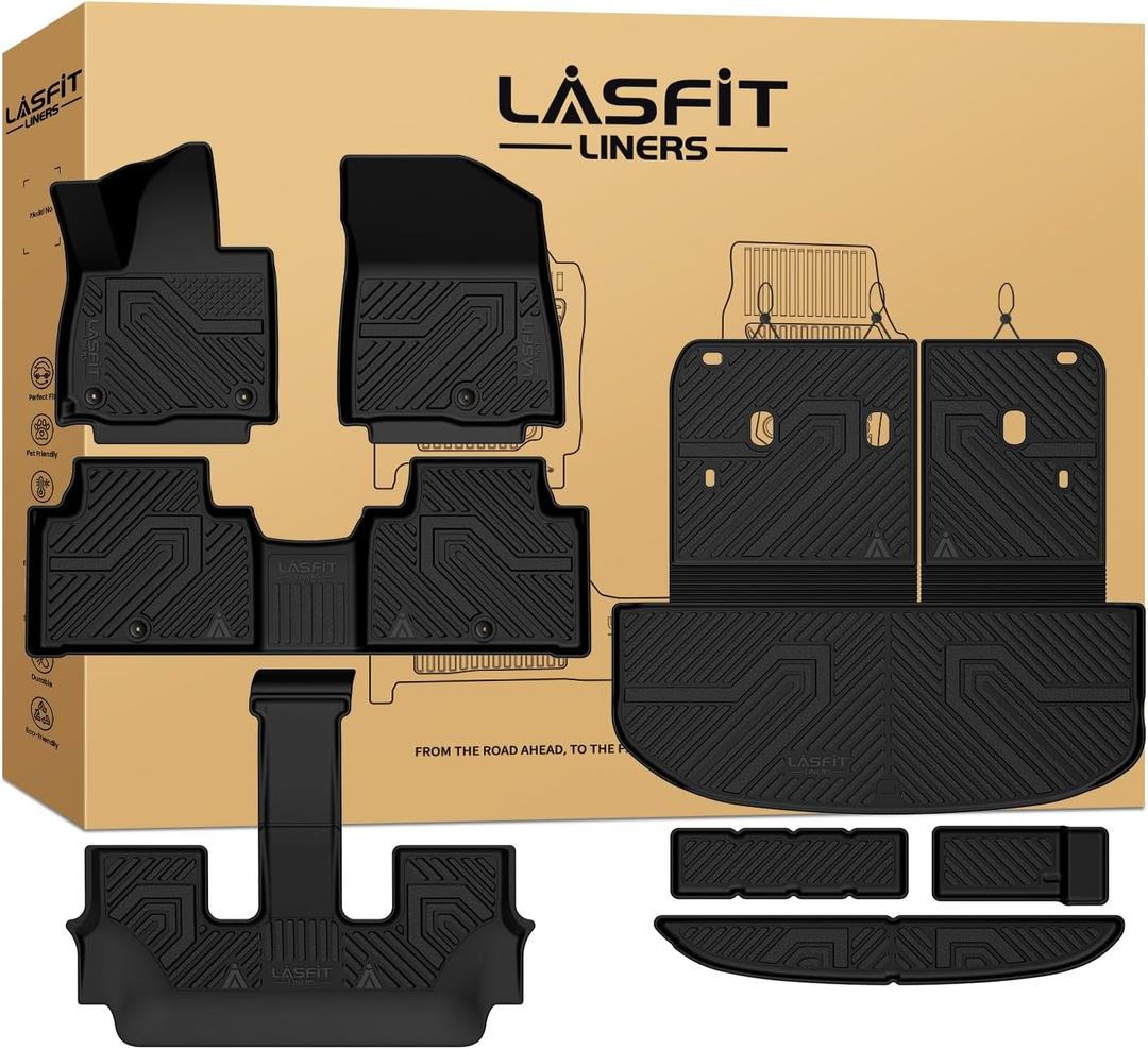 LASFIT Floor Mats & Backrest Mats & Cargo Mat for Kia Telluride 2027 (Only Fit Gas, Not Fit Hybrid), All Weather TPE Custom Fit Floor Liners with Full Set Car Mats & Trunk Mats Accessories, Black