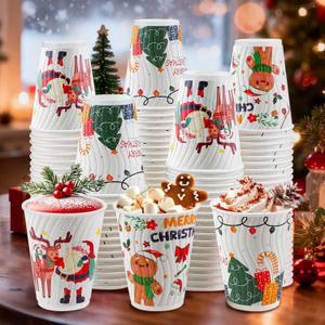 Christmas Coffee Cups 12 oz 120 Pack Corrugated Insulated Ripple Wall Disposable Paper Coffee Cups 12oz, To Go for Hot Beverage or Cold Drinks Office/Home/Cafe/Party/Travel