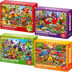 QUOKKA Puzzles for Kids Ages 6-8 - Toddler Puzzles Ages 4-6 - 4-Pack 60 Piece Search and Find Animals and Bugs Jigsaw Puzzle 5-8 - Learning Toys for 3 Year Old Boys and Girls - Educational Games Gift