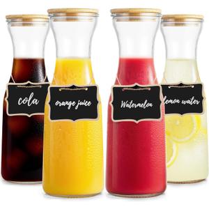 Glass Carafe with Bamboo Lid, Round 35 Oz Beverage Dispensers Carafe, Mimosa Bar Supplies, Clear Glass Pitcher with Name Labels for Iced Tea, Coffee, Juice(Set of 4)