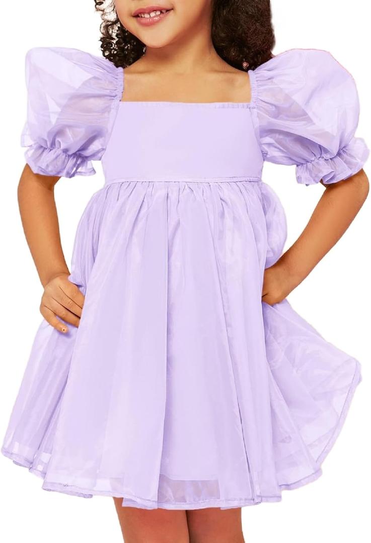 WDIRARA Toddler Girl's Mesh Tulle Dress Square Neck Puff Short Sleeve Ruffle Hem Birthday Party Cute A Line Midi Dress Purple 5Y