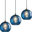 Blue Glass Pendant Lights Kitchen Island Lighting Globe Pendant Light Fixtures Modern Pendant Lighting for Kitchen Island Bedroom Living Dining Room Light Fixture(9.84in, 3-Pack)