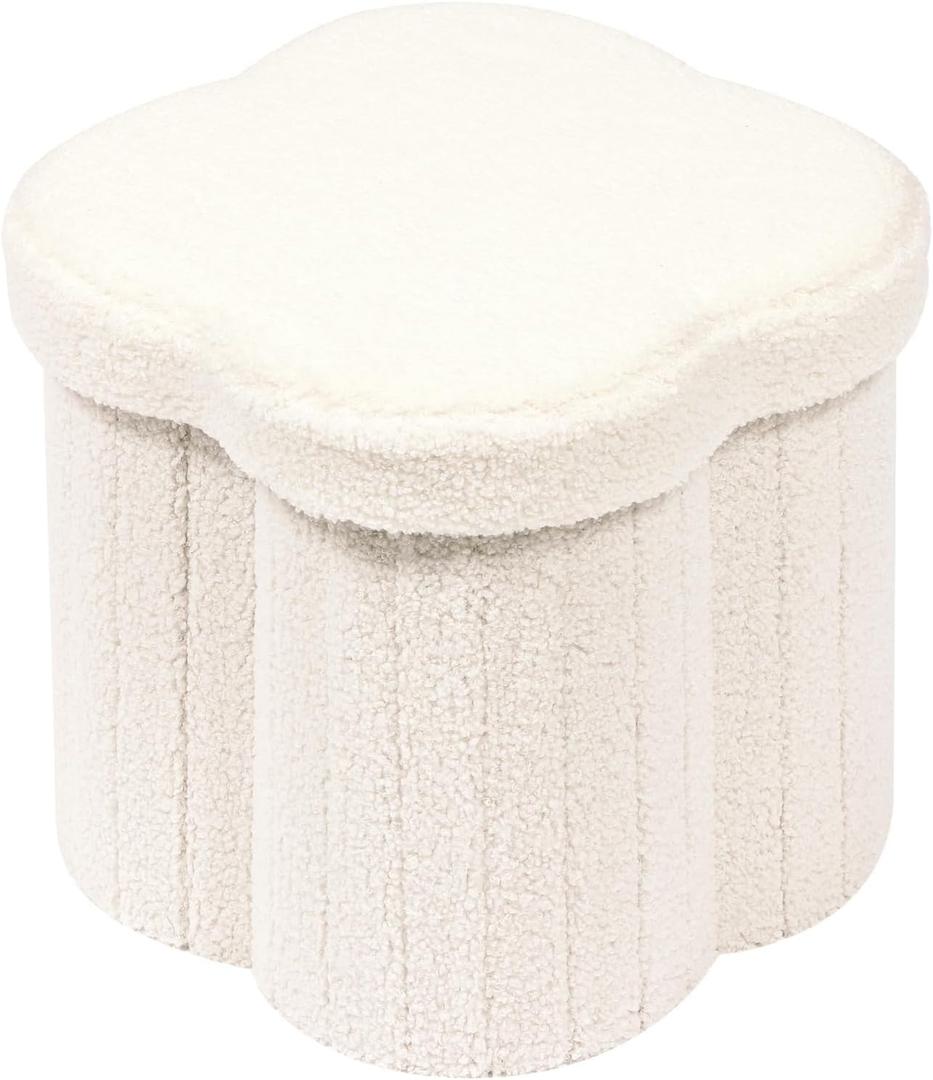 B FSOBEIIALEO Storage Ottoman Cube, Flowers Shaped Ottomans with Storage Foot Stool Footrest for Living Room, Boucle Ottoman Seat for Dorm Room, Faux Teddy Fur, White 12.6" x 12.6" x 12.6"