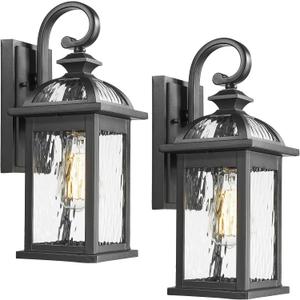 Darkaway Outdoor Lights Fixture Wall Mount, Exterior Wall Light with Water Ripple Glass Waterproof Black Outside Wall Sconce for House Porch Hallway Garage (15", 2 pack)