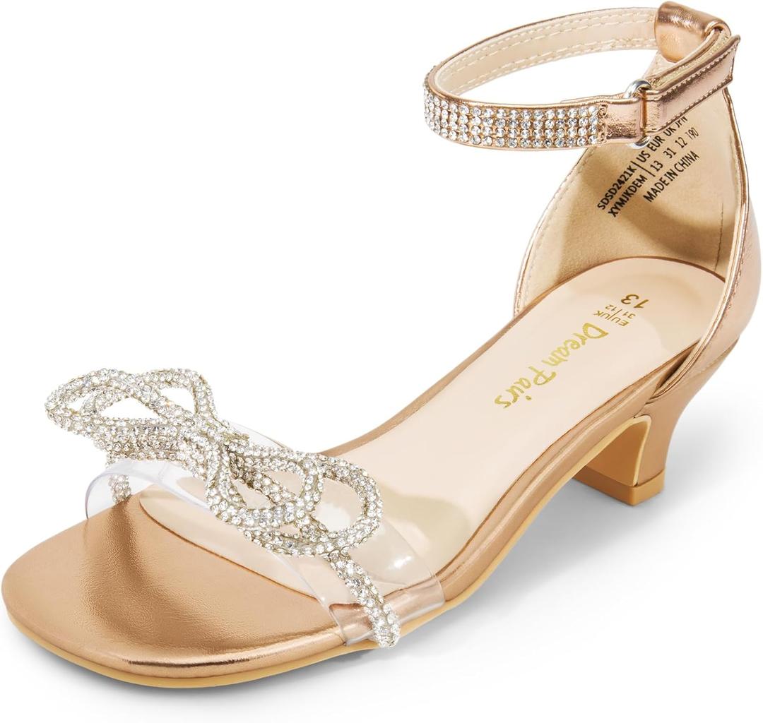 DREAM PAIRS Girls Sandals Ankle Strap Square Toe Low Heel Bow Flower Dress Shoes (1 Little Kid, Champagne-rhinestone)