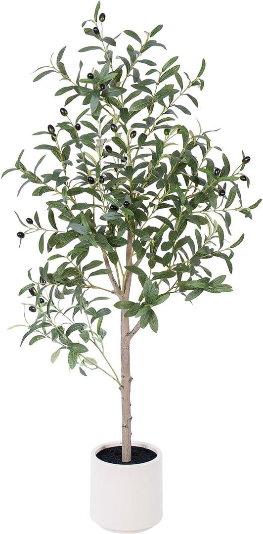 Olive Tree Artificial Indoor, 4ft Tall Silk Faux Olive Tree with White Planter, Artificial Plants with Natural Wood Trunk and Lifelike Fruits for Home Office Decor