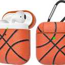 Tekcoo AirPods Case, [Front LED Visible] AirPods Accessories Cover Compatible with Apple Airpods 1 & AirPods 2 Protective PC Plastic Inner + PU Vegan Leather Pattern Skin & Keychain [Basketball]