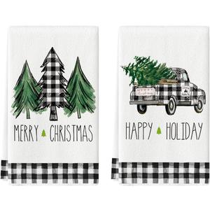 Artoid Mode Buffalo Plaid Truck Trees Kitchen Dish Towels Merry Christmas, 18 x 26 Inch Winter Drying Cloth Tea Towels for Cooking Baking Set of 2 (Black/Beige)