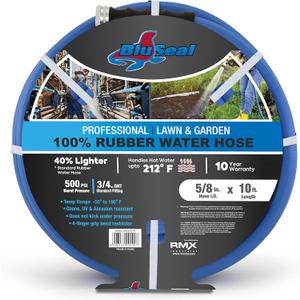 BluSeal Hot/Cold Water Rubber Garden Hose, 100% Rubber, Ultra-Light, Super Strong, 500 PSI, 50F to 190F Degrees, High Strength Polyester Braided (5/8" x 10')