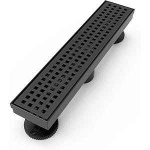 12 Inch Linear Shower Drain Rectangular Floor Drain with Accessories Square Hole Pattern Cover Grate Removable SUS304 Stainless Steel CUPC Certified Matte Black