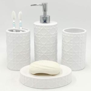 CAA'S Bathroom Accessories Set Ceramic 4 Pieces Bathroom Ensemble for Bath Decor Includes Lotion Dispenser Toothbrush Holder Tumbler Soap Dish (White Netting)